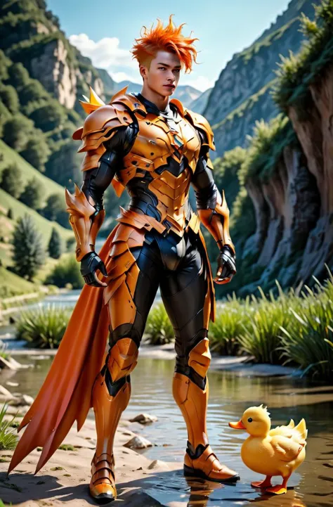 a close up of a person in a costume standing near a body of water