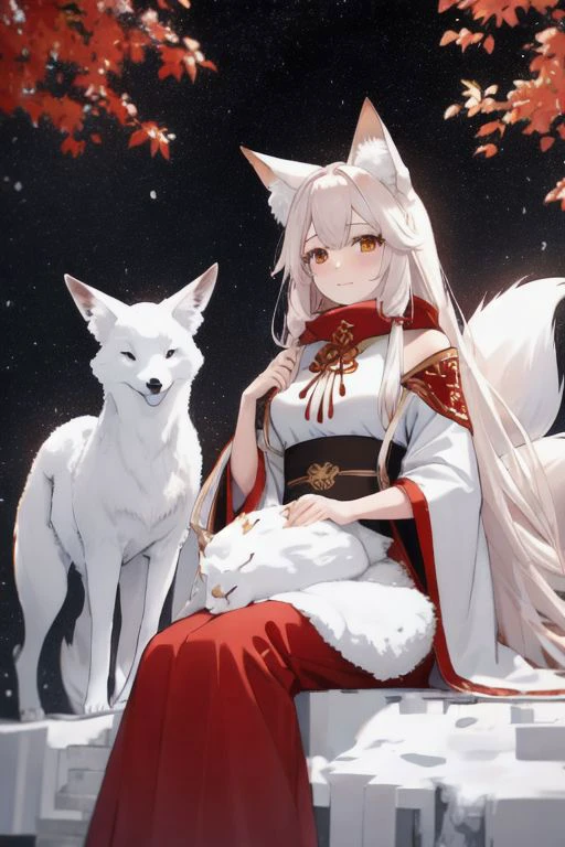 1girl, beautiful woman, she is sitting Igloo house, gold 9-tail fox red tree covered snow, red winter cloth