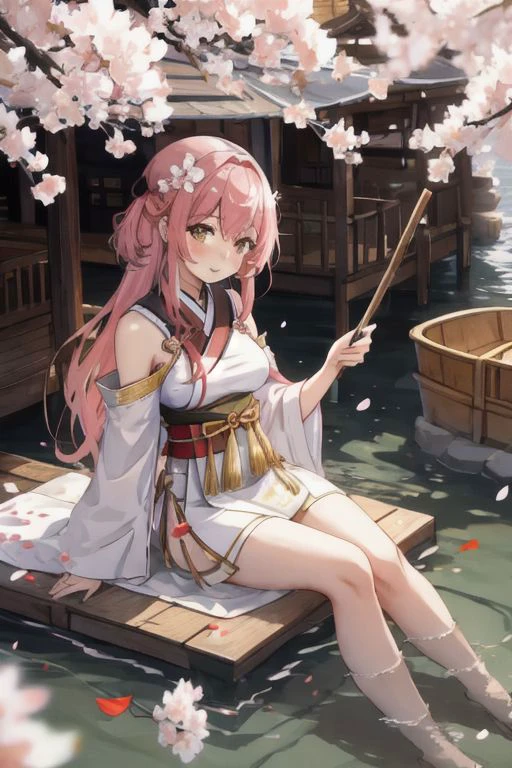 1 chica, mujer hermosa, ella está sentada en una casa flotante de musgo, Pétalos de sakura en agua.,