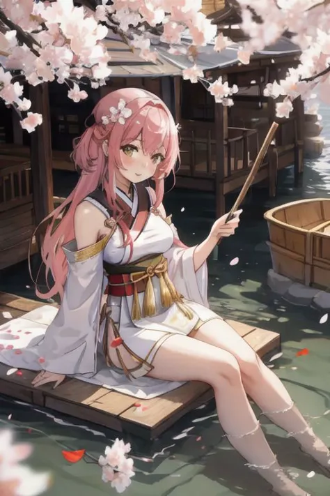 1girl, beautiful woman, she is sitting moss Houseboat, sakura petals in water,