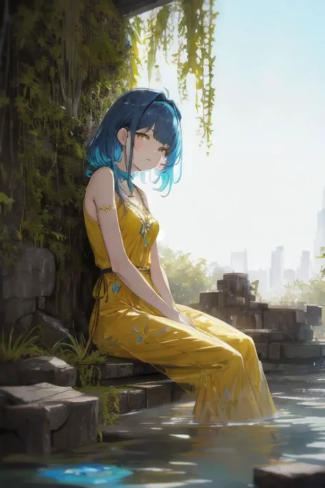 1girl, beautiful woman, she is sitting in abandoned metallic Framing Construction with water floor and moss and humid and plant ...