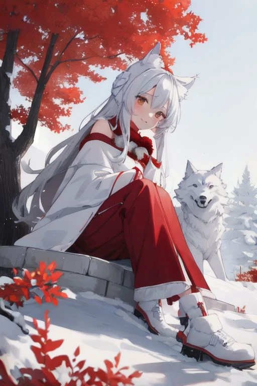 1 девушка, Красивая женщина, она сидит в доме иглу, волк, красное дерево покрыто снегом, красная зимняя ткань