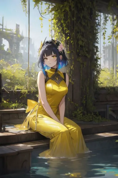 1girl, beautiful woman, she is sitting in abandoned metallic Framing Construction with water floor and moss and humid and plant and colorful flowers garden, wet, wettings, sunlit, blue sky, (close up), yellow fashion, red dress, near view