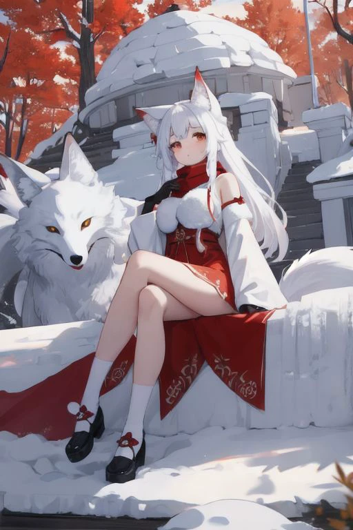 1girl, beautiful woman, she is sitting Igloo house, 9-tail fox, red tree covered snow, red winter cloth