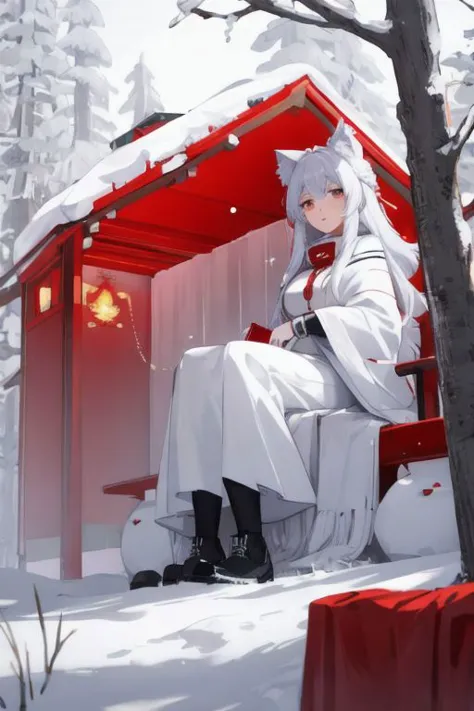 1girl, beautiful woman, she is sitting Igloo house, wolf, red tree covered snow, red winter cloth