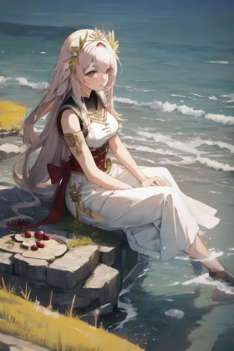 1girl, beautiful woman, she is sitting A coastal cranberry submerged field