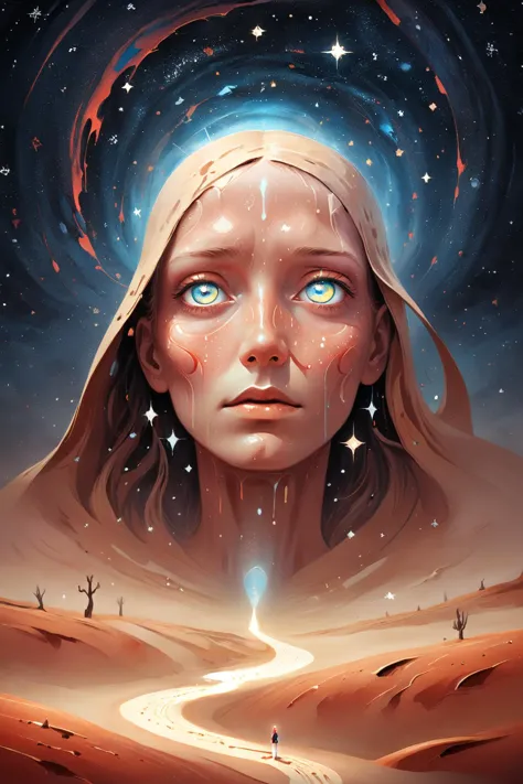 <lora:Andreas_Rocha:0.8> Painted By Andreas Rocha <lora:MattSchustyle:1>  MattSchu, (Surreal, abstract, infinity:1.3), cosmic landscape, desert, starry sky, mirror, portrait of past generations, (illusion:1.2), ((close-up:1.2) distorted face made with sand wind), low red-dark wind,   book cover, Abstract magical rain, universe, stars, dreamy, smooth, shimmering, dreamy glow,  dark atmosphere <lora:xl_more_art-full_v1:0.5>