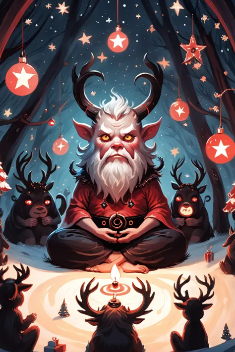 <lora:Andreas_Rocha:0.4> Painted By Andreas Rocha <lora:MattSchustyle:1> MattSchu, (Surreal, abstract, infinity:1.2) close-up portret, krampus, LORD OF YOLE,  sitting in a lotus position inside in circle of toys, stars, Christmas trees, magic, deer, glow, radiance, smooth,  <lora:xl_more_art-full_v1:0.2>