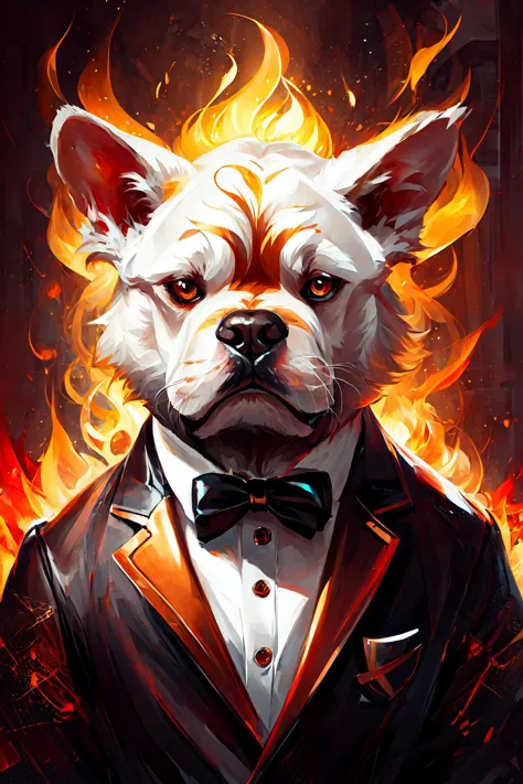 a painting of a dog wearing a tuxedo and a bow tie