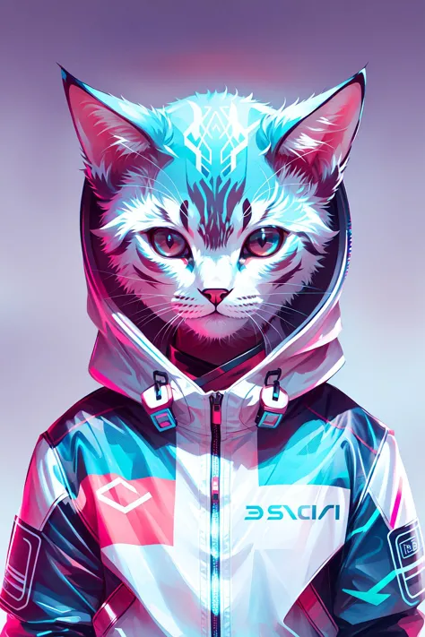 front view of a multi-colored cat dressed in cyberpunk neon techwear jacket with minimalistic print