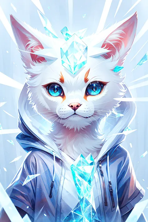 animal, furry, upper body of a frozen cat dressed in hoodie, frozen eyes, ice shards, ice magic rays