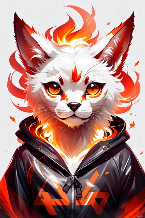 animal, furry, upper body of a burning cat dressed in hoodie, burning eyes, fire background, flames, fire magic