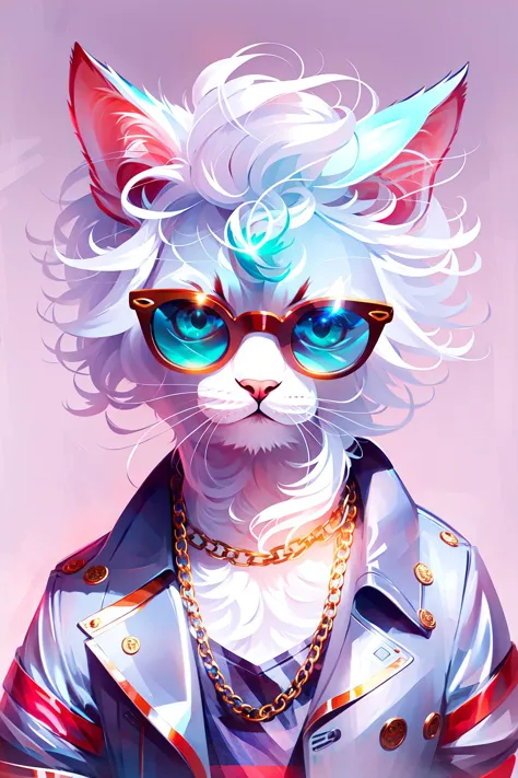 a hairless cat wearing sunglasses and a shirt with a chain around it's neck