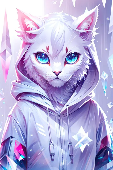 upper body of a frozen cat dressed in hoodie with techwear print on it, frozen eyes, ice shards, ice magic rays