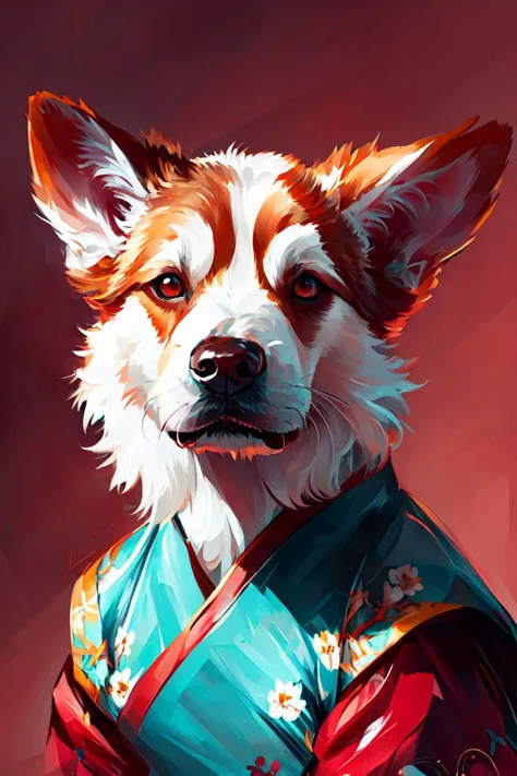 a close up of a dog wearing a kimono outfit