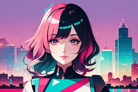 a girl with pink hair and a black top stands in front of a city skyline