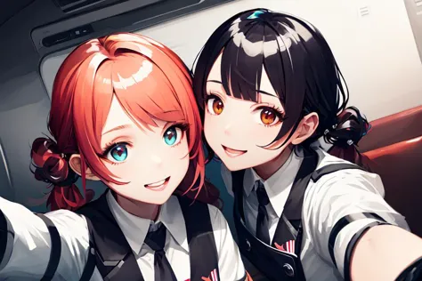 (selfie photo:1.2) (two girls In close contact:1.1) form above dynamic angle, looking for camera, stare each other, cafe waitress uniform, (peace sign:1.0), happy smile, smart phone, detailed natural skin face, detailed eyes, twintail hair, long hair