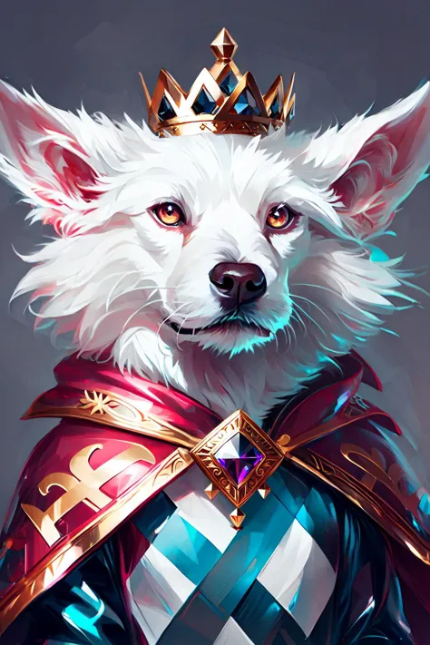 a close up of a dog wearing a crown and a cape