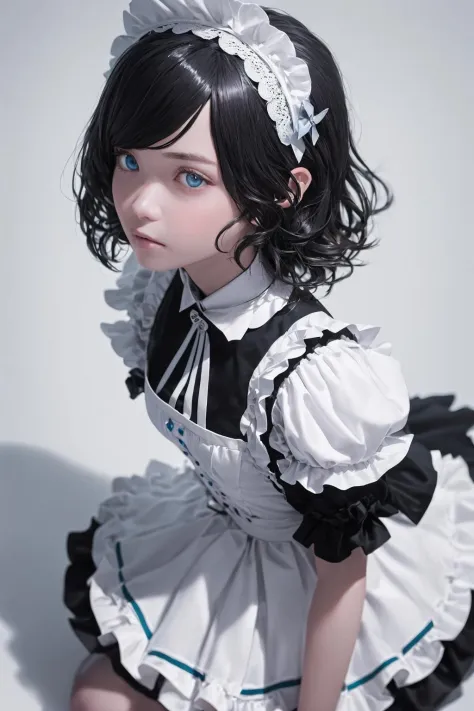 (masterpiece photo realistic portrait:1.5) of awesome beautiful girl kneeling from side, photo realistic ultra detailed black short hair, beautiful realistic skin kawaii face, detailed blue eyes, closed mouth. (layered maid uniform, waist apron:1.1) (short skirt:1.2). white background.  (soft focus, post process bloom:1.2).