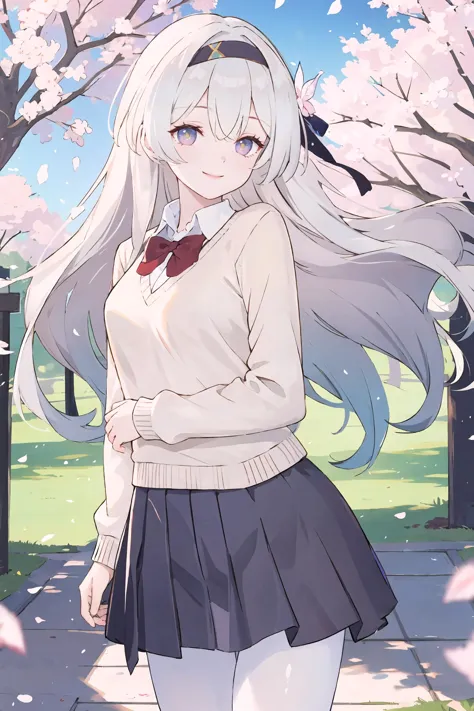 anime girl with long white hair and a bow tie standing in front of a tree