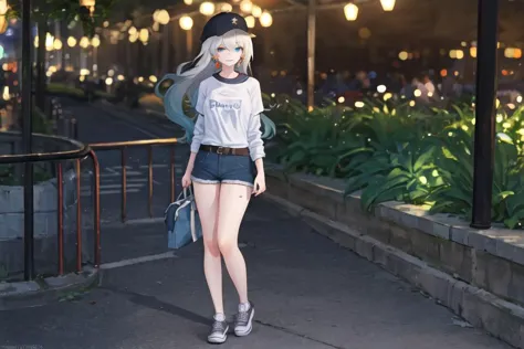 anime girl walking down a street at night with a hat on