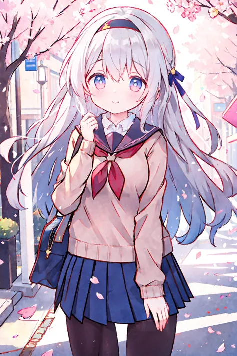 anime girl with long white hair and blue eyes in a school uniform