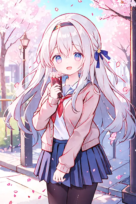 1girl, firefly \(honkai: star rail\), hairband, solo, school uniform, white shirt, sweater, pleated skirt, pantyhose, light smile, double v, looking at viewer, smile, open mouth, outdoors, street, cherry blossoms, petals, depth of field