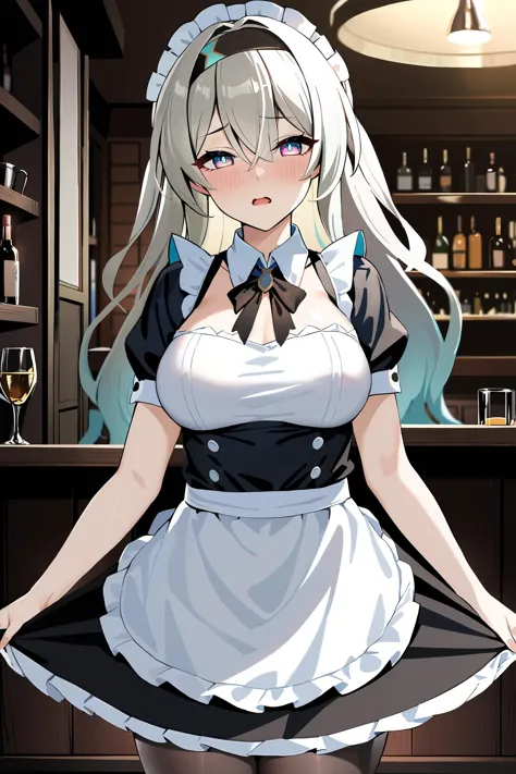 anime character of a maid in a bar with a glass of wine