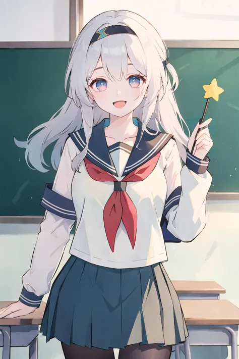 anime girl in school uniform holding a wand and a blackboard