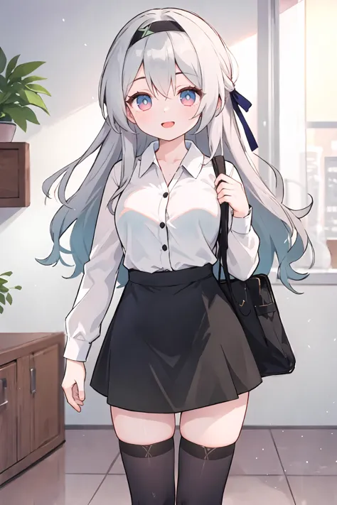 anime girl with long gray hair and black skirt in a room