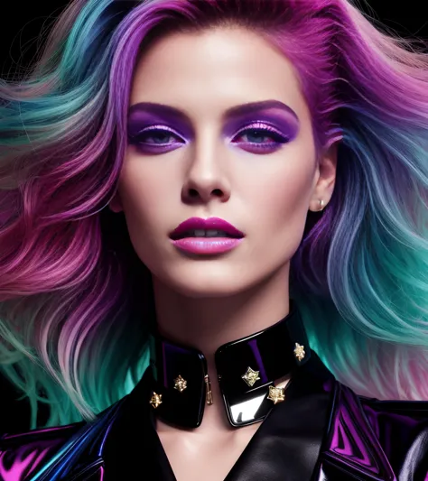 mjgrt,  high-fashion supermodel is a star on the cover of 'LUCID', in the style of photorealistic, RGB, cut/ripped, wavy, long l...