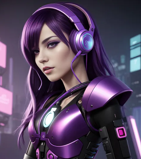 mjgrt, 4 wallpapers of anime girl in colorful outfit and purple hair with headphones, in the style of cyberpunk futurism, mechan...