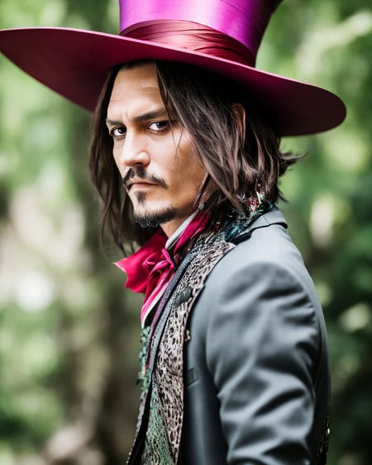 Johnny Depp as Mad-Hatter, High Definition, Futuristic Colors, 16K Rendering, Sharp Focus, Alice-In-Wonderland Theme Mystic Dense Jungle. HDR, Natural Light, Smooth Edges, (lightroom) red:68% blue:41% green:37% filmgrain_minimal, texture:+25%, clarity: +40%, Contrast:+15%, shadows: +11% , sharpen:100%