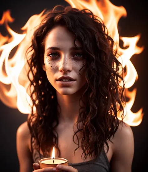 1girl, artist_name, blurry, blurry_background, breathing_fire, brown_eyes, burning, candle, crying, curly_hair, depth_of_field, ...
