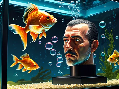 there is a man looking at a fish in a tank