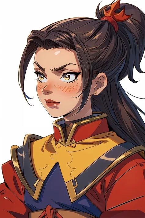 a close up of a woman with a ponytail in a red and yellow uniform