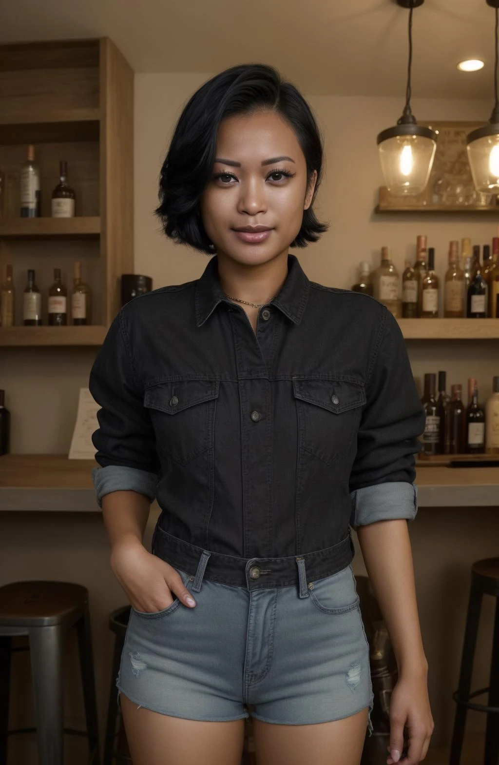 A close up of a woman standing in a kitchen near a bar - SeaArt AI