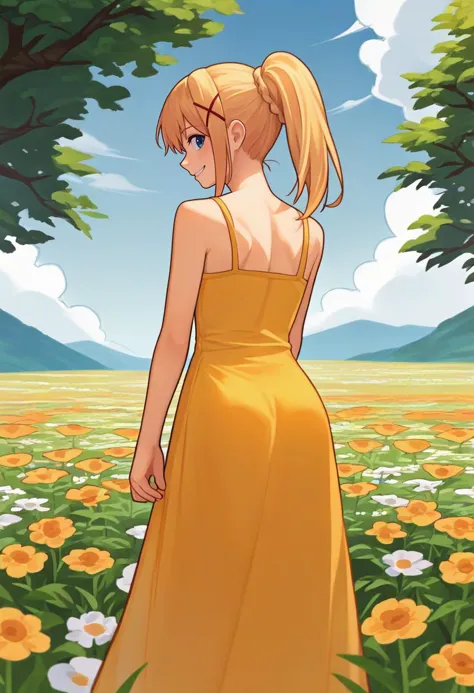 a woman in a yellow dress standing in a field of flowers