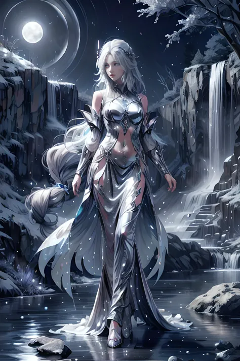 in the mountains, waterfall, Night:1,  Full moon,  very long braided white hair, full body silver armor:0.8, <lora:SilverSapphir...