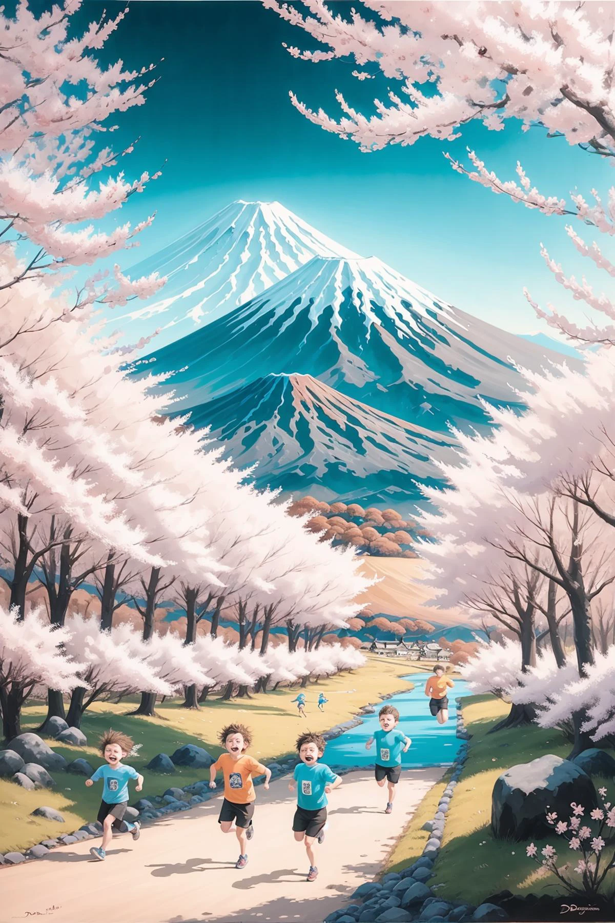 niños corriendo, campo, Paisaje del monte Fuji,sakura, estilo de David Michael Bowers, aceite , cuadro  ( estilo de Chris Dyer:0.2) (estilo de Jean-Honor Fragonard:0.5) 