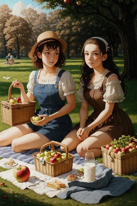 Picnic, Grass, 2Girl, Mat, Basket, Apple, Milk, Cake, style of David Michael Bowers, oil , painting  ( style of Chris Dyer:0.2) ...