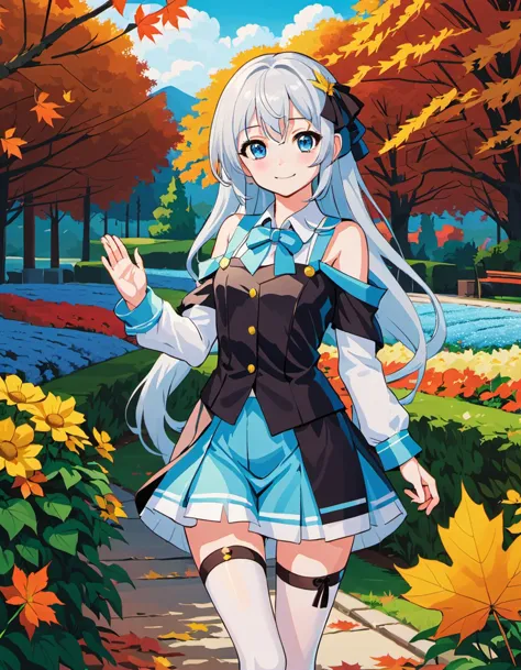 1fille,seulement,élégant,2 mains,debout,animé,une belle fille,cheveux longs,élégant,(tout le corps:1.2),Épaules nues,seins nus,élégant beautiful school uniform,(cuissardes noires:1.1),sourire,cheveux blancs ET cheveux bleus,dans un beau jardin,automne,érable,cheveux longs,ruban à cheveux,(intégration:inesthétiqueXLv13.tenseurs de sécurité:1.2),(intégration:négatifXL_D.tenseurs de sécurité:0.8)，faire signe de la main avec les deux mains,visible two beautiful détaillé hands,(chef-d&#39;œuvre,Meilleure qualité,ultra_détaillé,haute résolution,absurdes:1),(chef-d&#39;œuvre, qualité supérieure, Meilleure qualité, art officiel, beau et esthétique),ultra-détaillé,un extrêmement délicat et beau,beautiful détaillé face,visage clair,Meilleure illustration,extremely détaillé eyes and face,Incroyable,détaillé and intricate,Qualité d&#39;image la plus élevée,8k,haute résolution,Fond délicat,beautiful détaillé glow,