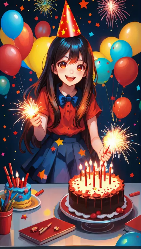 nebulaewisdomanimestyle, <lyco:neg4all_bdsqlsz_xl_V7:1.0>, A girl wearing a party hat and celebrating with firecrackers, long ha...