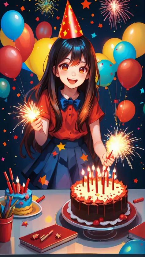 nebulosasanimestyle, Una niña con un sombrero celebrando con petardos, pelo largo, Baile, Pastel en el escritorio, Banners, globos