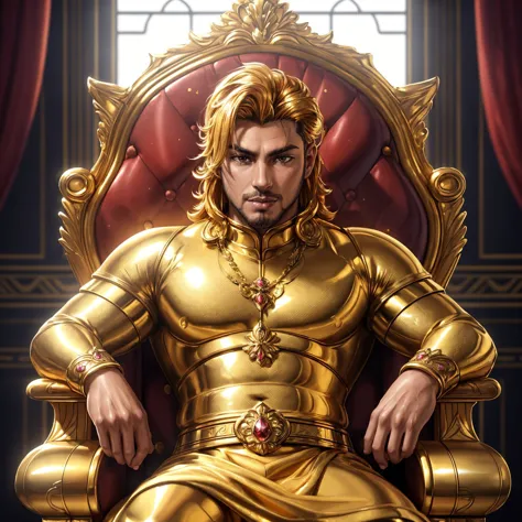 <lora:add_detail:0.5> (masterpiece, detailed, realistic, photorealistic, vibrant colors, highres, cinematic, atmospheric:1.2), (symmetrical:1.2), honeytech king, gold hair, sitting on gold throne, indoor, ebonygoldai throne room, glittering gold, metal reflection, gold decorations, gold bracers,