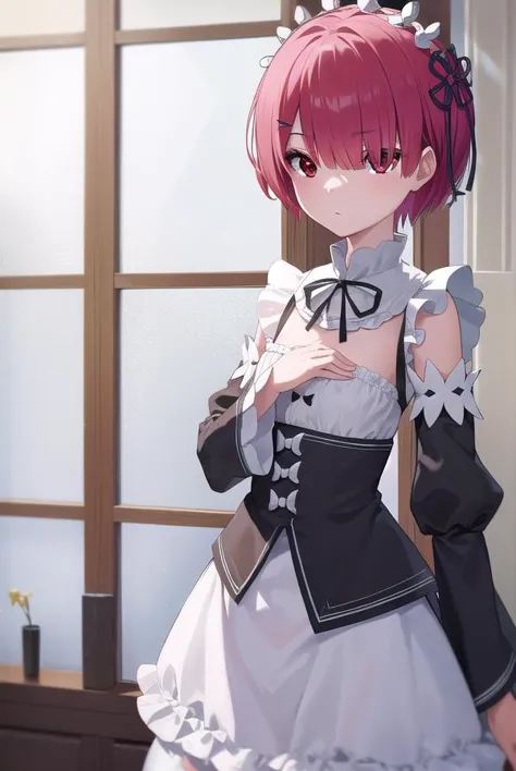 anime girl in maid dress standing in front of a window