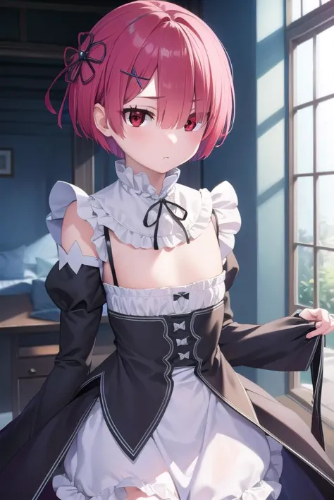 rezeroram, <lora:rezeroram-lora-nochekaiser:1>, 
ram, hair flower, hair ornament, hair over one eye, pink hair, (red eyes:1.5), short hair, x hair ornament, bangs, blunt bangs, (flat chest:1.2),
BREAK apron, black bow, black dress, black ribbon, bow, detached sleeves, dress, frilled apron, frilled sleeves, frills, juliet sleeves, long sleeves, maid, neck ribbon, puffy sleeves, ribbon, roswaal mansion maid uniform, thighhighs, two-tone dress, waist apron, white bow, white dress, white thighhighs,
BREAK indoors, mansion,
BREAK looking at viewer, (cowboy shot:1.5),
BREAK <lyco:GoodHands-beta2:1>, (masterpiece:1.2), best quality, high resolution, unity 8k wallpaper, (illustration:0.8), (beautiful detailed eyes:1.6), extremely detailed face, perfect lighting, extremely detailed CG, (perfect hands, perfect anatomy),