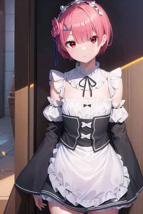 rezeroram, <lora:rezeroram-lora-nochekaiser:1>, 
ram, hair flower, hair ornament, hair over one eye, pink hair, (red eyes:1.5), short hair, x hair ornament, bangs, blunt bangs, (flat chest:1.2),
BREAK apron, black bow, black dress, black ribbon, bow, detached sleeves, dress, frilled apron, frilled sleeves, frills, juliet sleeves, long sleeves, maid, neck ribbon, puffy sleeves, ribbon, roswaal mansion maid uniform, thighhighs, two-tone dress, waist apron, white bow, white dress, white thighhighs,
BREAK indoors, mansion,
BREAK looking at viewer, (cowboy shot:1.5),
BREAK <lyco:GoodHands-beta2:1>, (masterpiece:1.2), best quality, high resolution, unity 8k wallpaper, (illustration:0.8), (beautiful detailed eyes:1.6), extremely detailed face, perfect lighting, extremely detailed CG, (perfect hands, perfect anatomy),