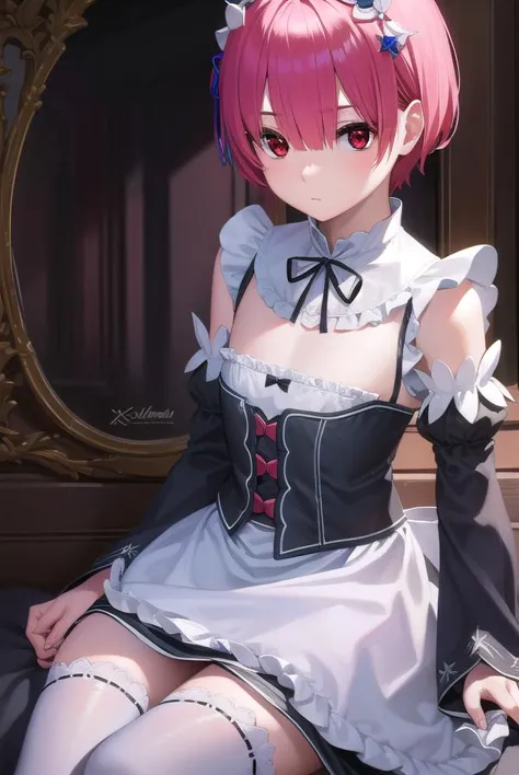 rezeroram, <lora:rezeroram-lora-nochekaiser:1>, 
ram, hair flower, hair ornament, hair over one eye, pink hair, (red eyes:1.5), short hair, x hair ornament, bangs, blunt bangs, (flat chest:1.2),
BREAK apron, black bow, black dress, black ribbon, bow, detached sleeves, dress, frilled apron, frilled sleeves, frills, juliet sleeves, long sleeves, maid, neck ribbon, puffy sleeves, ribbon, roswaal mansion maid uniform, thighhighs, two-tone dress, waist apron, white bow, white dress, white thighhighs,
BREAK indoors, mansion,
BREAK looking at viewer, (cowboy shot:1.5),
BREAK <lyco:GoodHands-beta2:1>, (masterpiece:1.2), best quality, high resolution, unity 8k wallpaper, (illustration:0.8), (beautiful detailed eyes:1.6), extremely detailed face, perfect lighting, extremely detailed CG, (perfect hands, perfect anatomy),