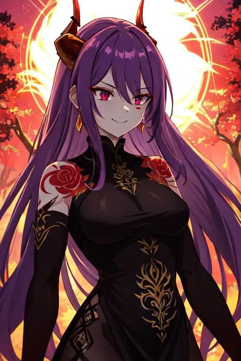 high quality. masterpiece, 8k, street, tree, road, tree canopy, upper body, face focus, 1girl, arrogant, mei, horns, long hair, (purple eyes:1.1), purple Amethyst hair, evil smile, big grin, golden red copper sliver tattoo black leggings, Amethyst laced glow tattoo black bodystockings, lace fractal red and golden glow enhanced skeleton Amethyst black tattoo bodysuit, red flower tattoo, long glow hair, glow golden earrings, red eyes, white face, tattoo mark mask tattoo, arrogant, she is standing, sunlit, weak lights and shadow, tree canopy, street, red flowers, evergreen, face focus,